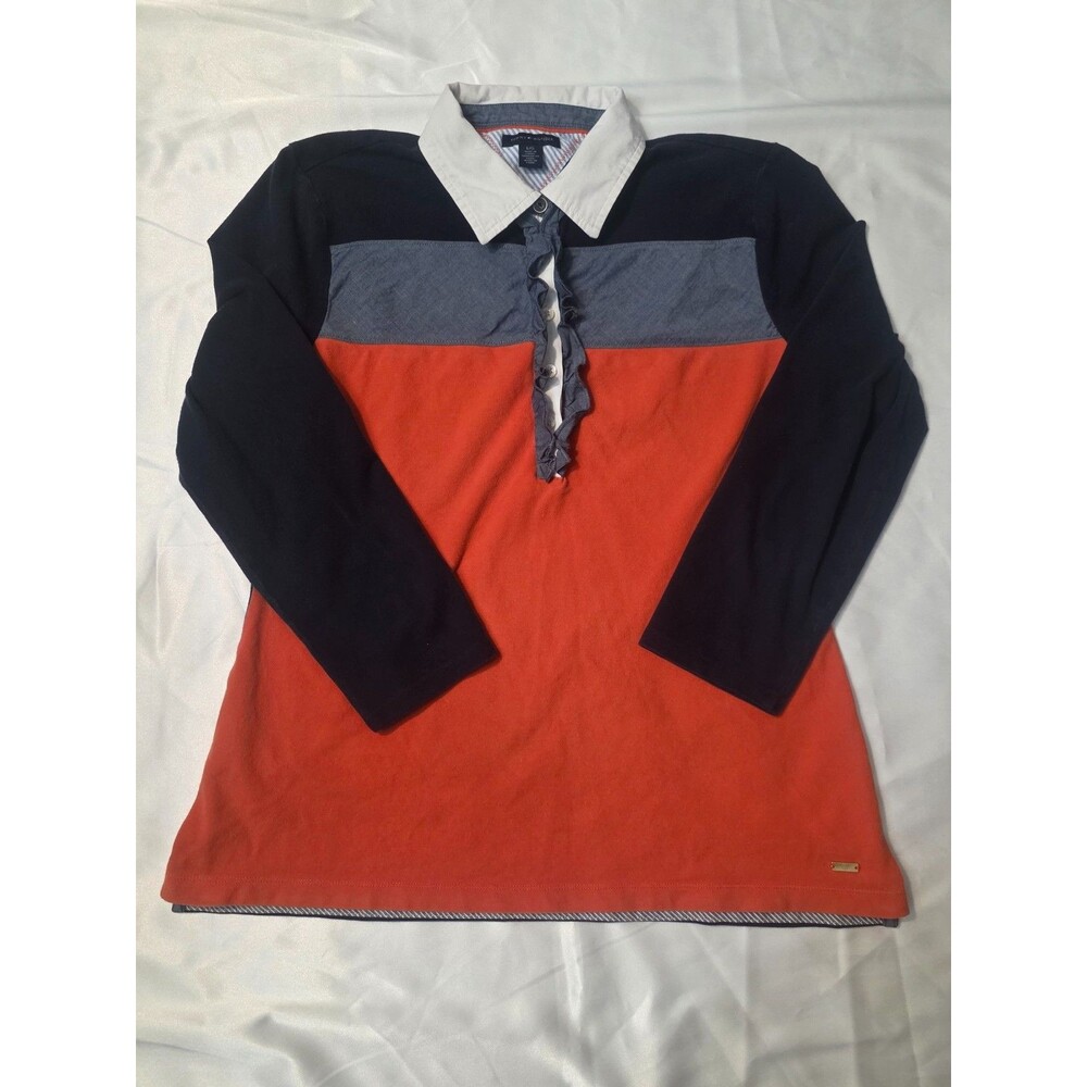 Tommy Hilfiger Womens Large Orange Navy Colorblock Rugby Shirt Ruffle Polo